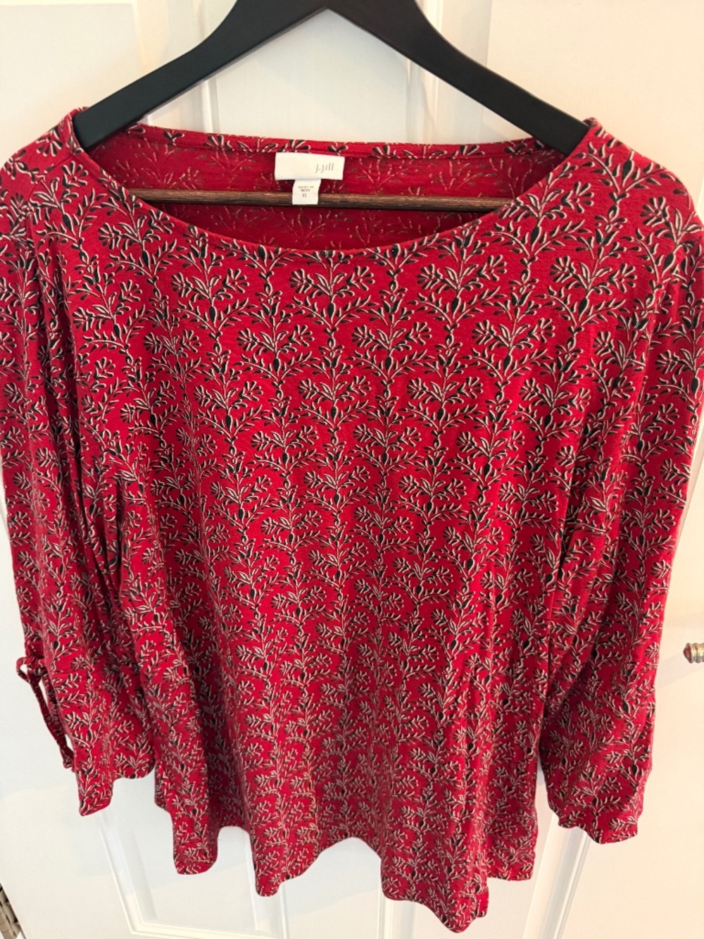 J. Jill Red floral shirt with bow detail on sleeve